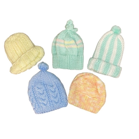 Bundle of Five 5 Newborn Baby Handmade Crotchet Beanie Hats Multicolor - Picture 1 of 2
